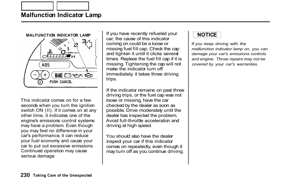 Malfunction indicator lamp, Notice | HONDA 2001 S2000 - Owner's Manual User Manual | Page 233 / 276
