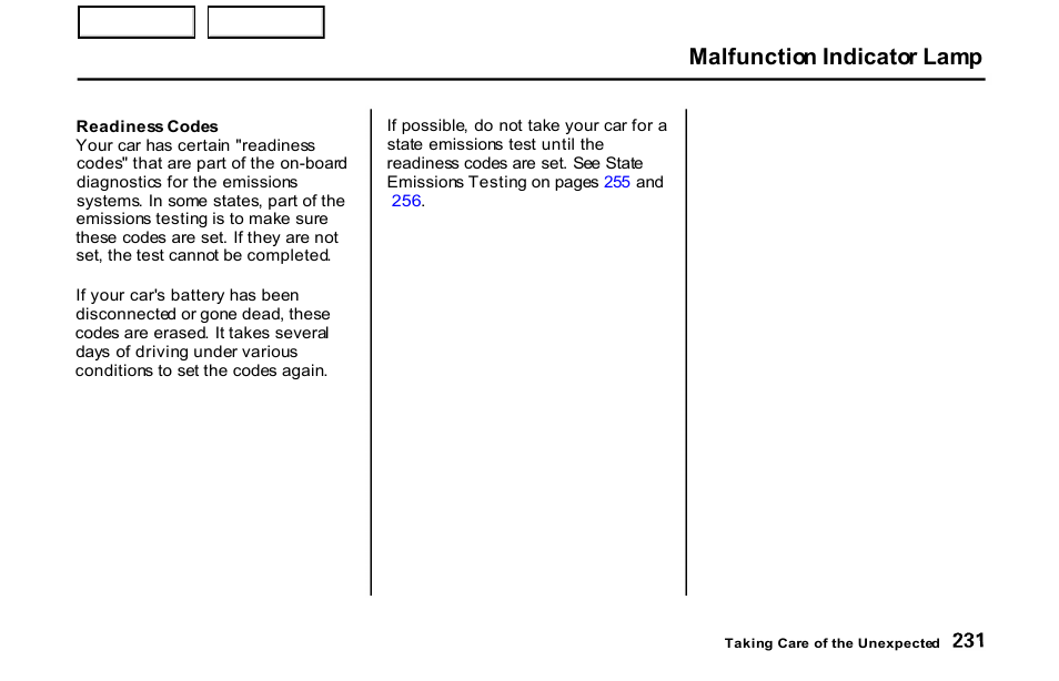 Malfunction indicator lamp | HONDA 2001 S2000 - Owner's Manual User Manual | Page 234 / 276