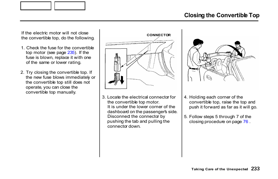 Closing the convertible top | HONDA 2001 S2000 - Owner's Manual User Manual | Page 236 / 276