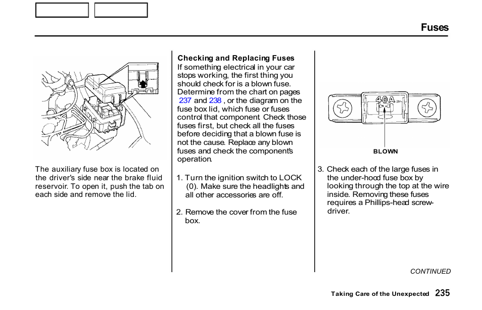 Fuses | HONDA 2001 S2000 - Owner's Manual User Manual | Page 238 / 276