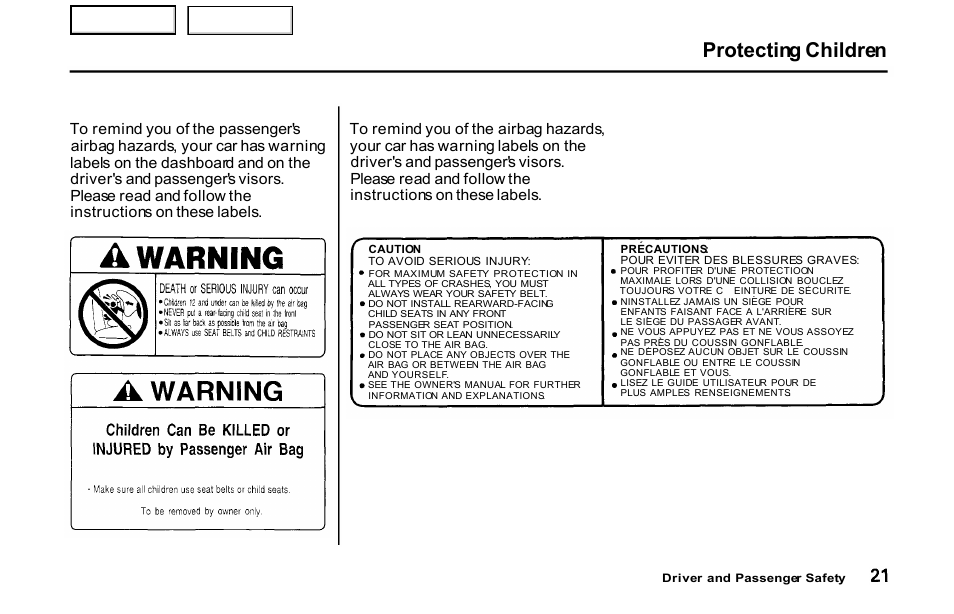 Protecting children | HONDA 2001 S2000 - Owner's Manual User Manual | Page 24 / 276