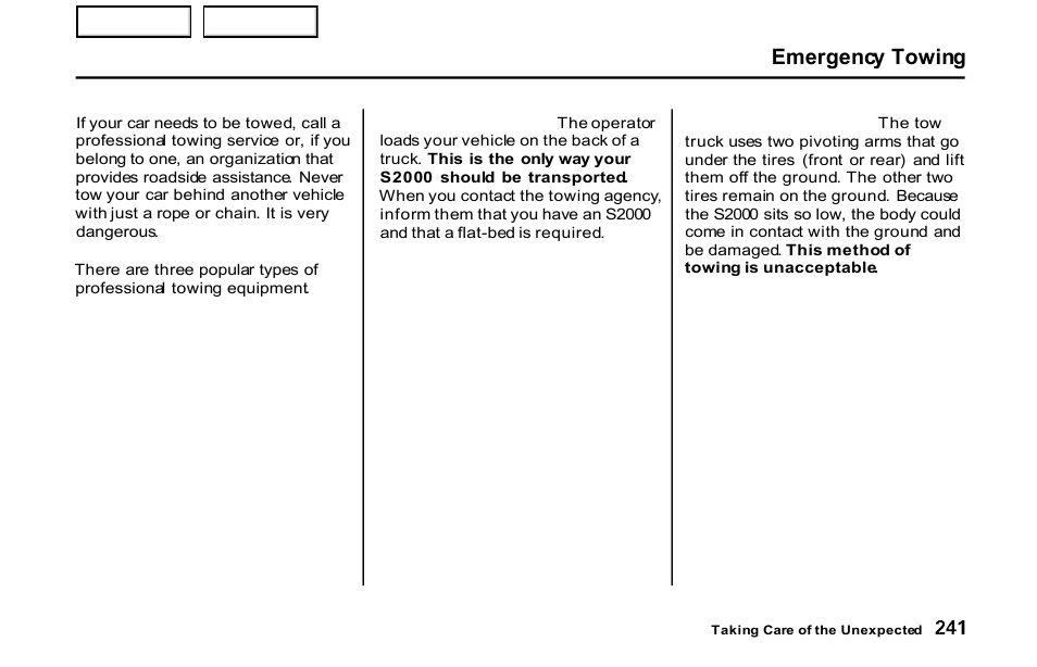 Emergency towing | HONDA 2001 S2000 - Owner's Manual User Manual | Page 244 / 276