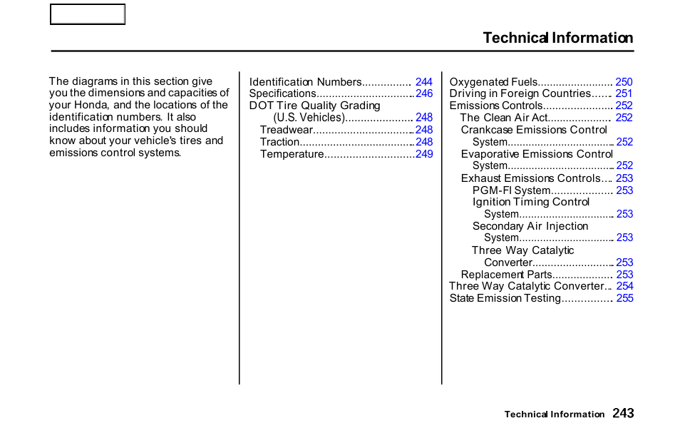 Technical information | HONDA 2001 S2000 - Owner's Manual User Manual | Page 246 / 276