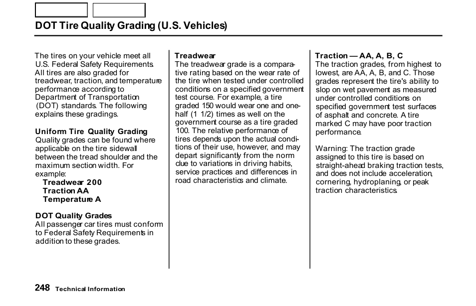 Dot tire quality grading (u.s. vehicles) | HONDA 2001 S2000 - Owner's Manual User Manual | Page 251 / 276