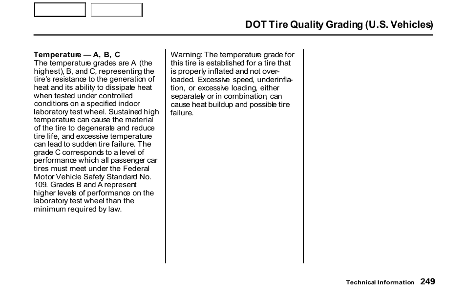 Temperature, Dot tire quality grading (u.s. vehicles) | HONDA 2001 S2000 - Owner's Manual User Manual | Page 252 / 276