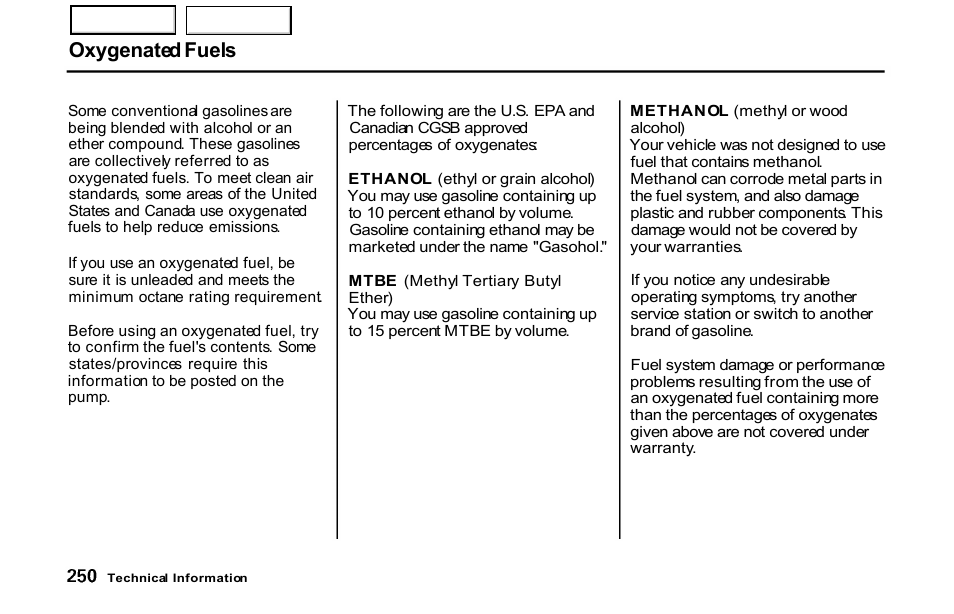 Oxygenated fuels | HONDA 2001 S2000 - Owner's Manual User Manual | Page 253 / 276