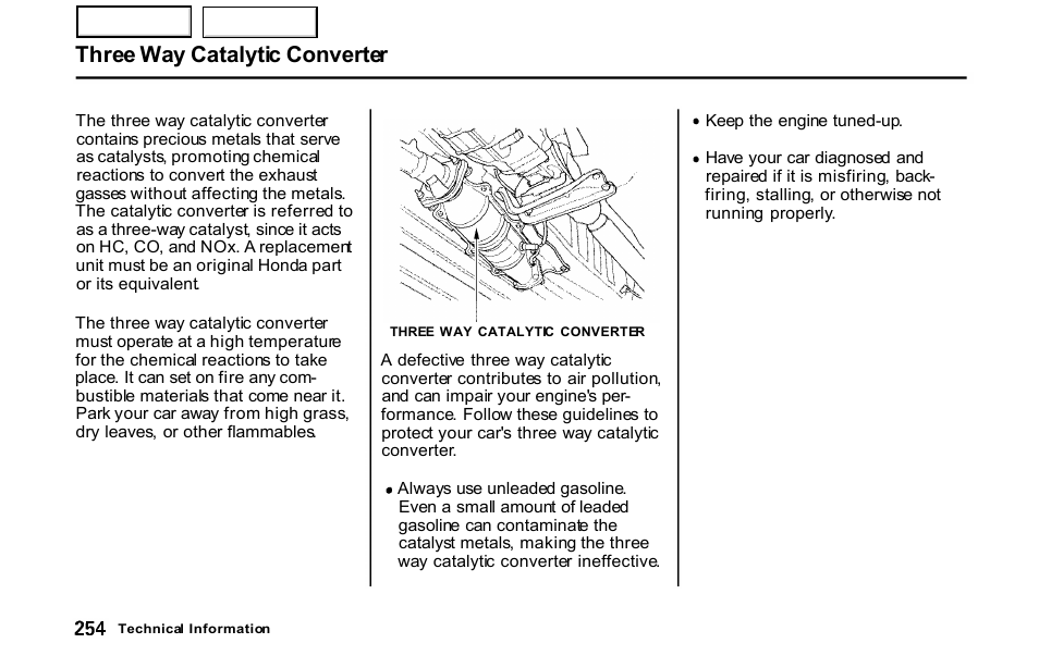 Three way catalytic converter | HONDA 2001 S2000 - Owner's Manual User Manual | Page 257 / 276