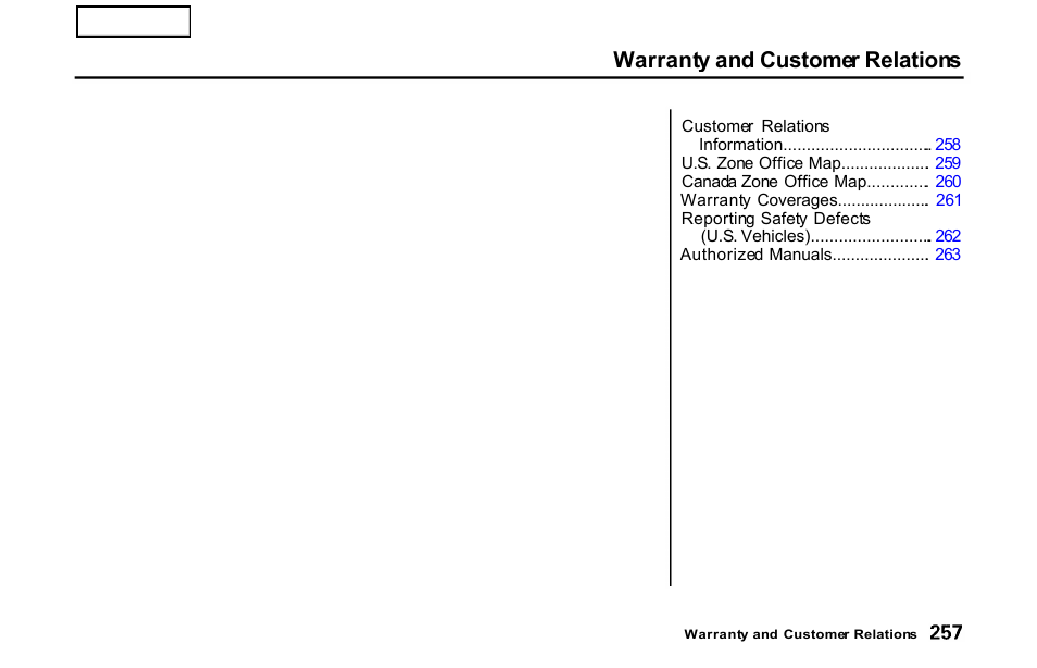 Warranty and customer relations | HONDA 2001 S2000 - Owner's Manual User Manual | Page 260 / 276