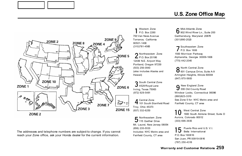 U.s. zone office map | HONDA 2001 S2000 - Owner's Manual User Manual | Page 262 / 276