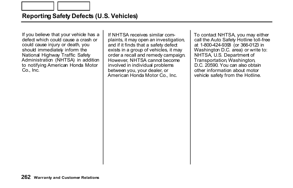 Reporting safety defects (u.s. vehicles) | HONDA 2001 S2000 - Owner's Manual User Manual | Page 265 / 276