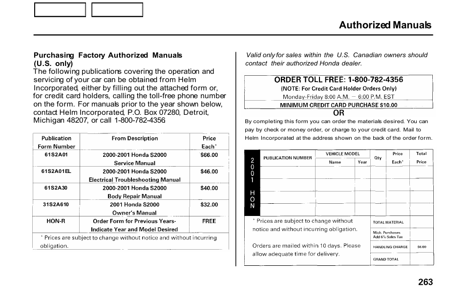 Authorized manuals | HONDA 2001 S2000 - Owner's Manual User Manual | Page 266 / 276