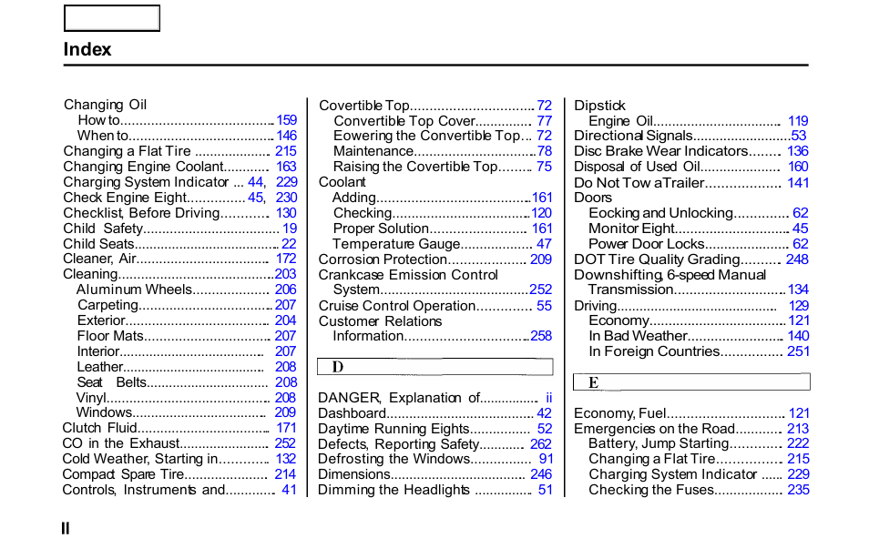 Index | HONDA 2001 S2000 - Owner's Manual User Manual | Page 269 / 276