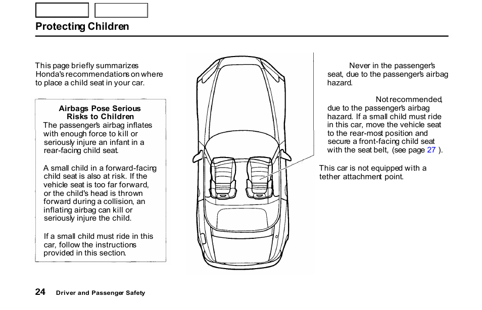 Protecting children | HONDA 2001 S2000 - Owner's Manual User Manual | Page 27 / 276