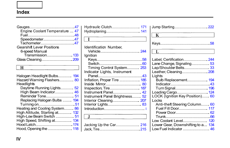 Index | HONDA 2001 S2000 - Owner's Manual User Manual | Page 271 / 276