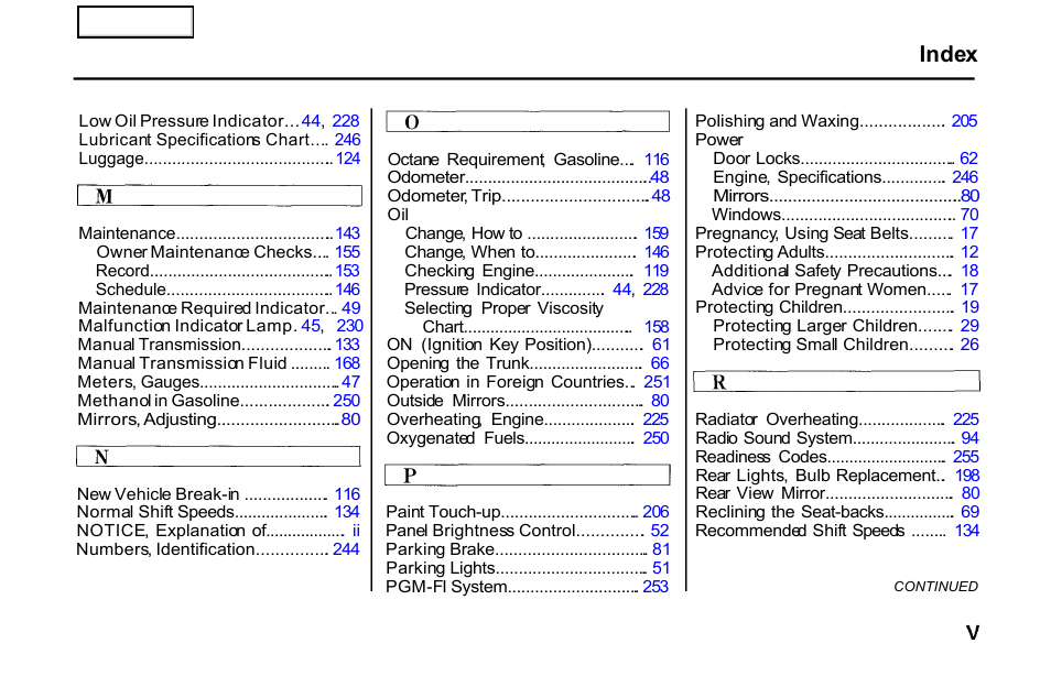 Index | HONDA 2001 S2000 - Owner's Manual User Manual | Page 272 / 276