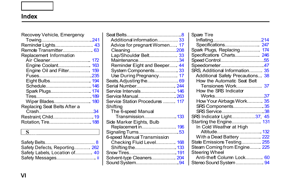 Index | HONDA 2001 S2000 - Owner's Manual User Manual | Page 273 / 276