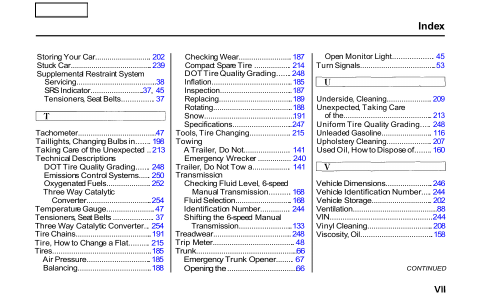 Index | HONDA 2001 S2000 - Owner's Manual User Manual | Page 274 / 276