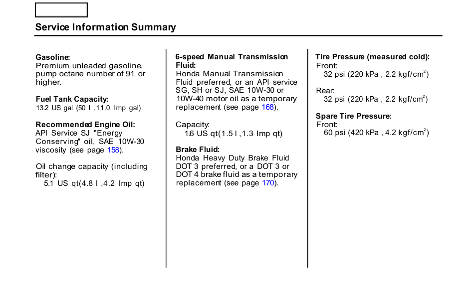 Service information summary | HONDA 2001 S2000 - Owner's Manual User Manual | Page 276 / 276