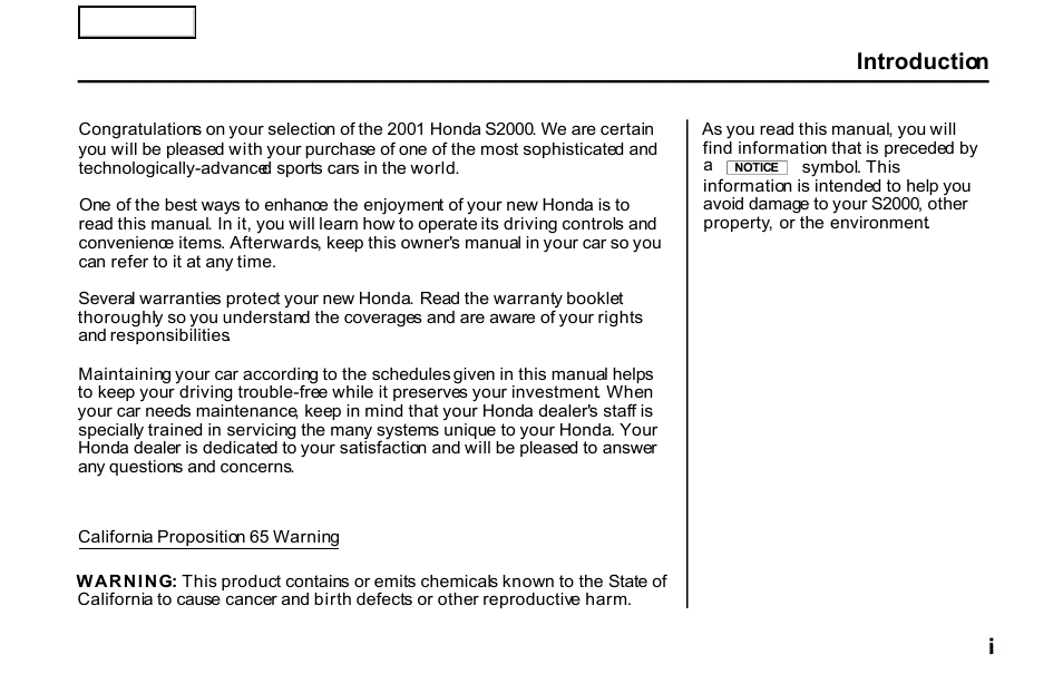 Introduction | HONDA 2001 S2000 - Owner's Manual User Manual | Page 3 / 276