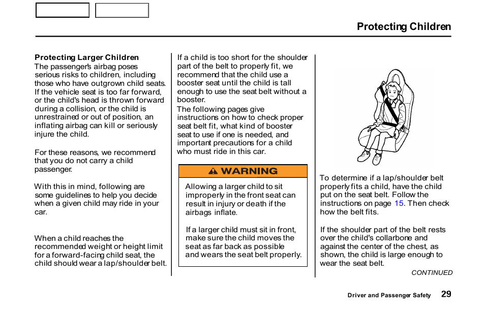 Protecting children | HONDA 2001 S2000 - Owner's Manual User Manual | Page 32 / 276