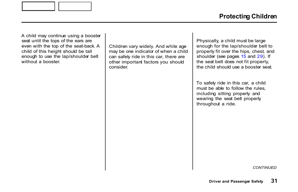 Protecting children | HONDA 2001 S2000 - Owner's Manual User Manual | Page 34 / 276