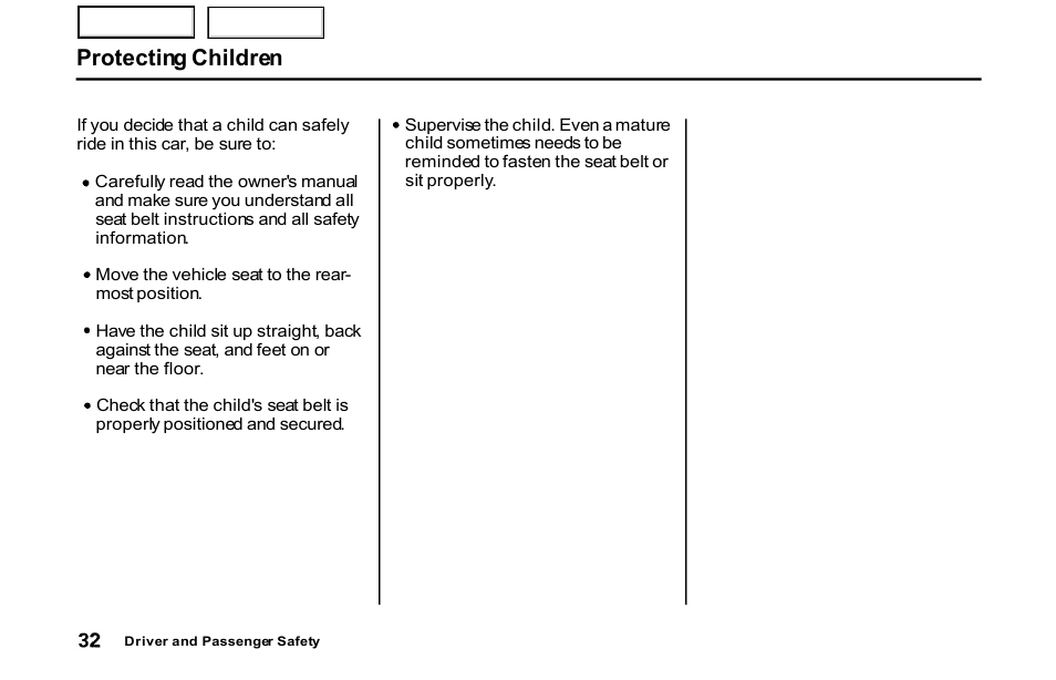 Protecting children | HONDA 2001 S2000 - Owner's Manual User Manual | Page 35 / 276