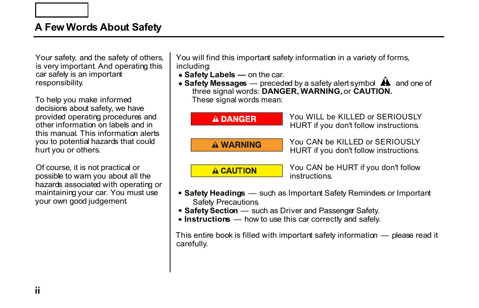 A few words about safety | HONDA 2001 S2000 - Owner's Manual User Manual | Page 4 / 276