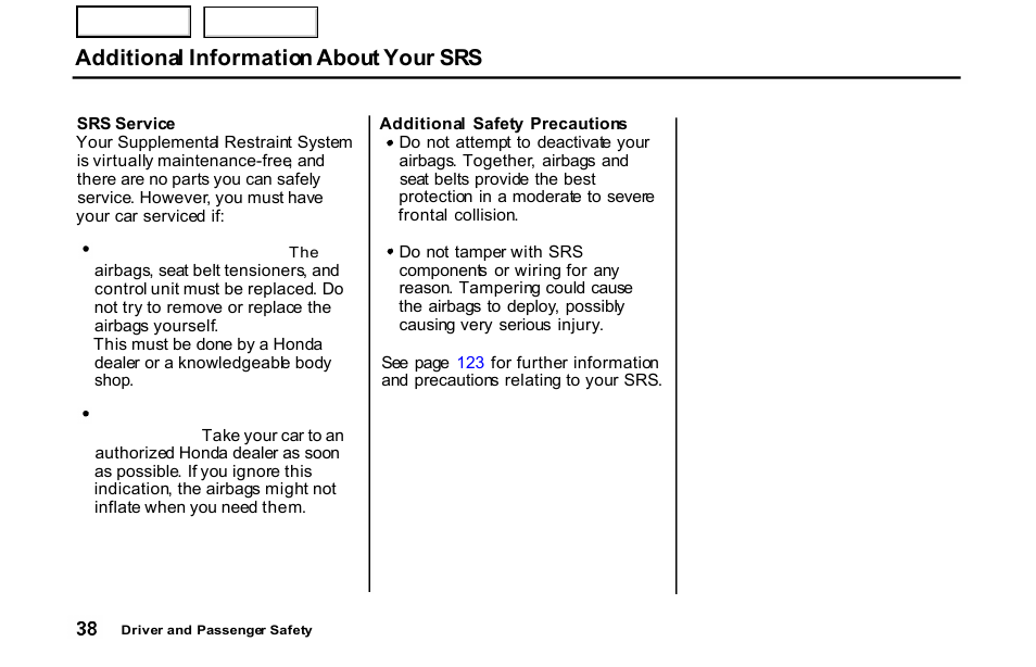 Service, Additional information about your srs | HONDA 2001 S2000 - Owner's Manual User Manual | Page 41 / 276