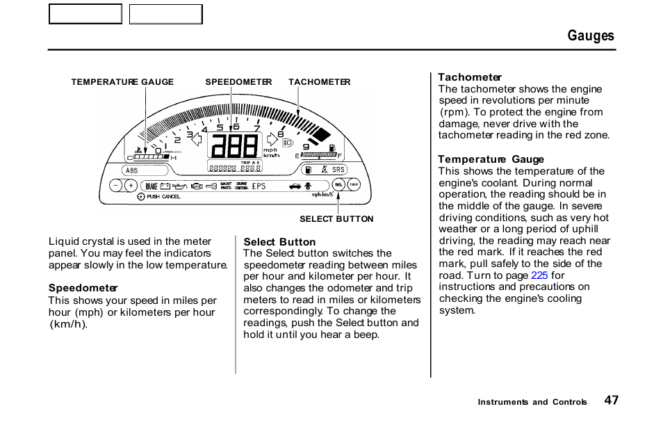 Tachometer, Gauges | HONDA 2001 S2000 - Owner's Manual User Manual | Page 50 / 276