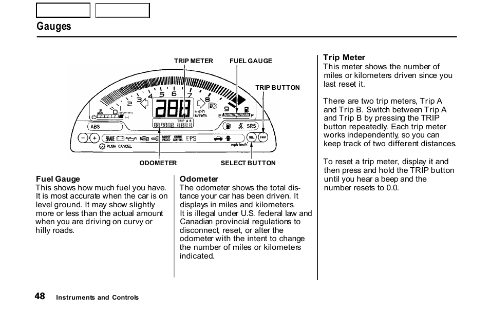 Odometer, Gauges | HONDA 2001 S2000 - Owner's Manual User Manual | Page 51 / 276