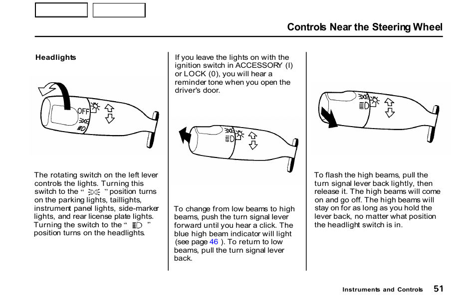 Headlights, Controls near the steering wheel | HONDA 2001 S2000 - Owner's Manual User Manual | Page 54 / 276