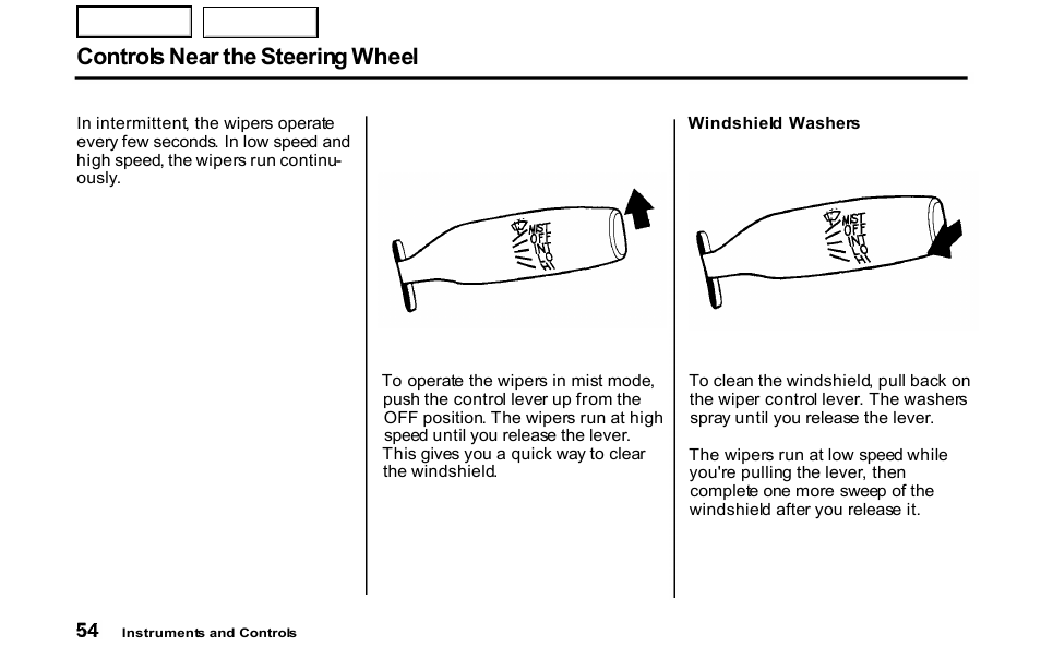 Washers, Controls near the steering wheel | HONDA 2001 S2000 - Owner's Manual User Manual | Page 57 / 276