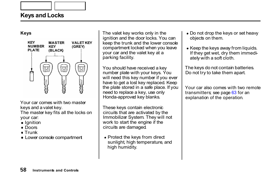 Keys, Keys and locks | HONDA 2001 S2000 - Owner's Manual User Manual | Page 61 / 276