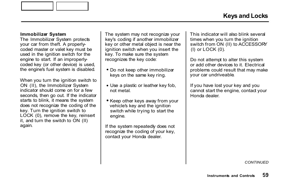 Keys and locks | HONDA 2001 S2000 - Owner's Manual User Manual | Page 62 / 276