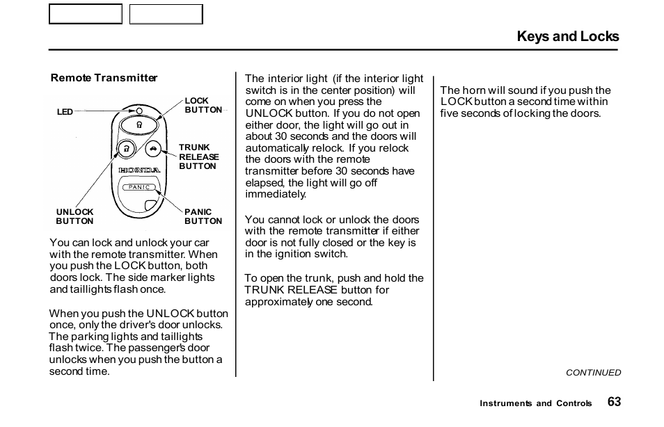 Keys and locks | HONDA 2001 S2000 - Owner's Manual User Manual | Page 66 / 276