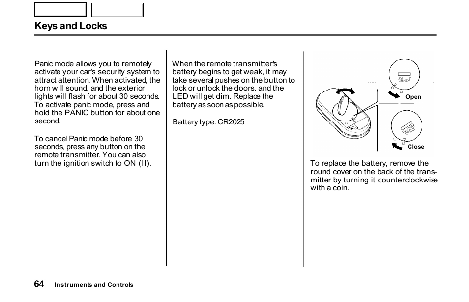 Keys and locks | HONDA 2001 S2000 - Owner's Manual User Manual | Page 67 / 276