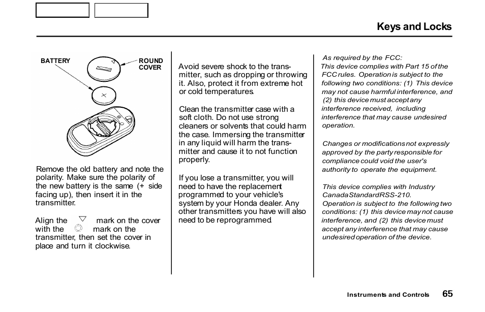 Keys and locks | HONDA 2001 S2000 - Owner's Manual User Manual | Page 68 / 276