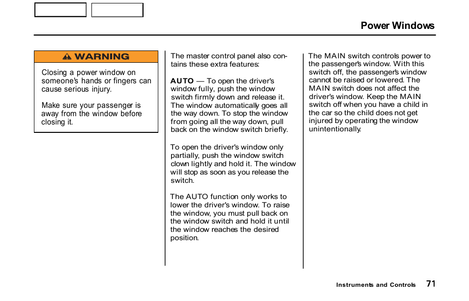 Power windows | HONDA 2001 S2000 - Owner's Manual User Manual | Page 74 / 276