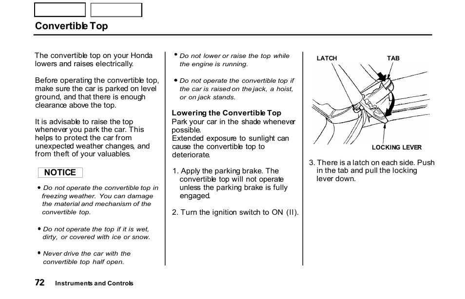 Convertible top, Notice | HONDA 2001 S2000 - Owner's Manual User Manual | Page 75 / 276