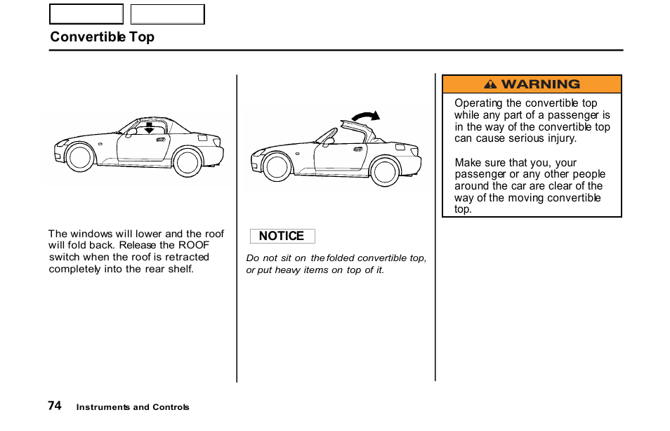 Convertible top | HONDA 2001 S2000 - Owner's Manual User Manual | Page 77 / 276