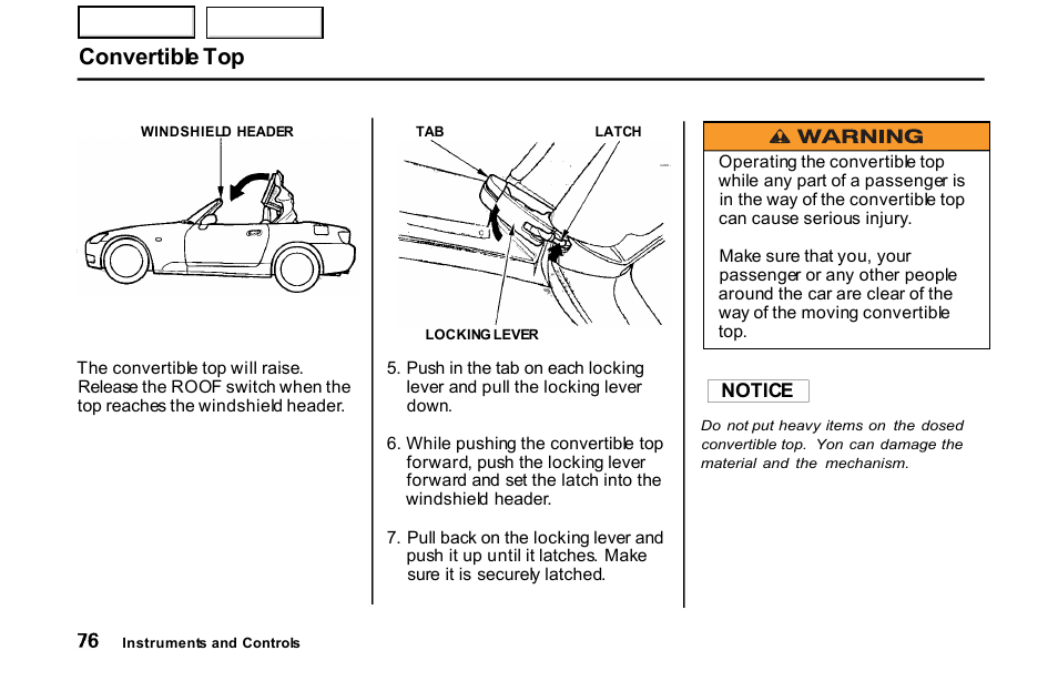 Convertible top | HONDA 2001 S2000 - Owner's Manual User Manual | Page 79 / 276
