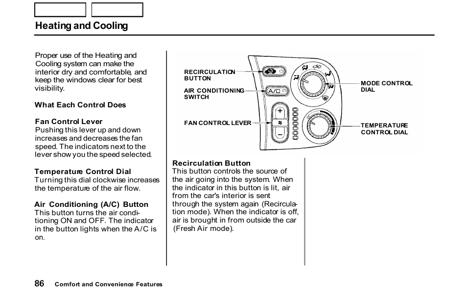 Heating and cooling | HONDA 2001 S2000 - Owner's Manual User Manual | Page 89 / 276