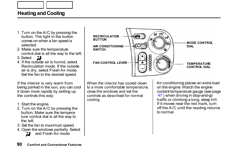 Heating and cooling | HONDA 2001 S2000 - Owner's Manual User Manual | Page 93 / 276