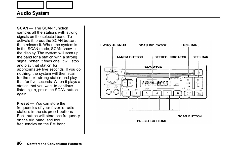 Audio system | HONDA 2001 S2000 - Owner's Manual User Manual | Page 99 / 276