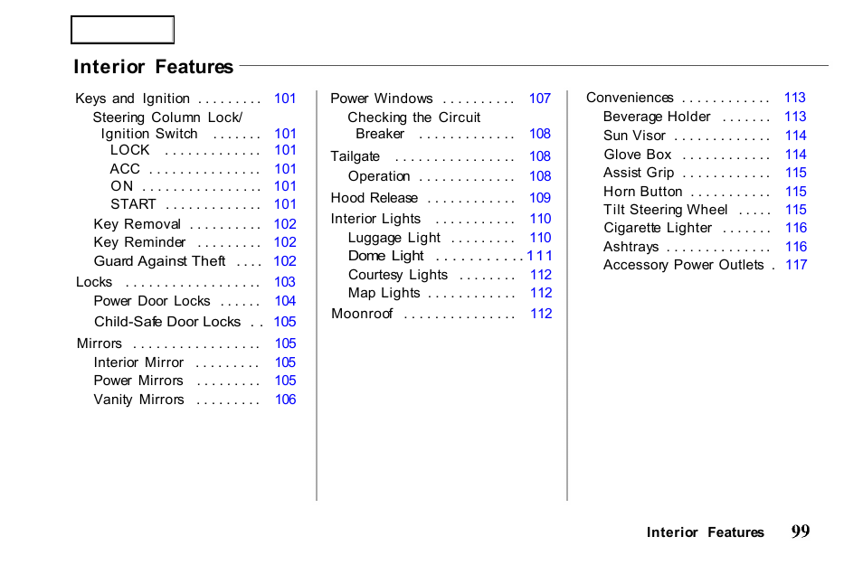 Interior features | HONDA 2001 Passport - Owner's Manual User Manual | Page 103 / 317