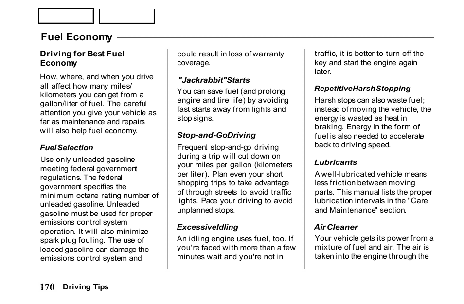 Fuel economy | HONDA 2001 Passport - Owner's Manual User Manual | Page 174 / 317