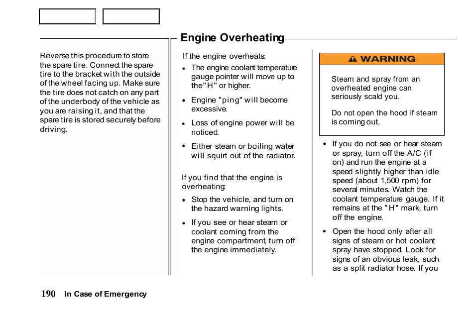 Engine overheating | HONDA 2001 Passport - Owner's Manual User Manual | Page 194 / 317
