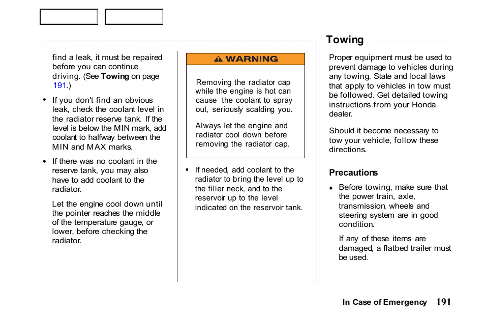 Towing | HONDA 2001 Passport - Owner's Manual User Manual | Page 195 / 317