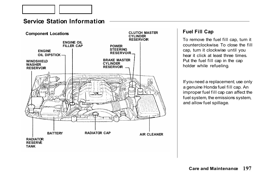 Service station information, Fuel fill cap | HONDA 2001 Passport - Owner's Manual User Manual | Page 201 / 317