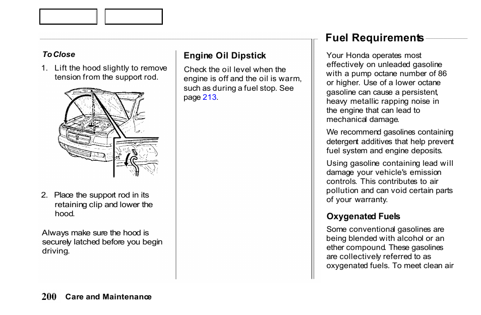 Fuel requirements | HONDA 2001 Passport - Owner's Manual User Manual | Page 204 / 317